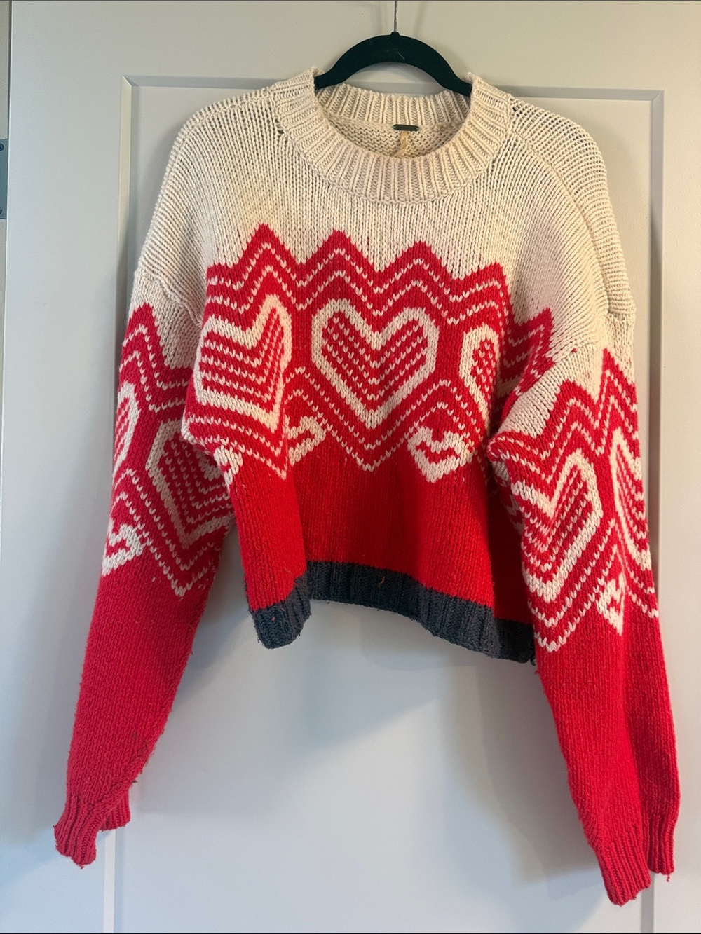Free People Red and Cream Heart-Pattern Crewneck Sweater
